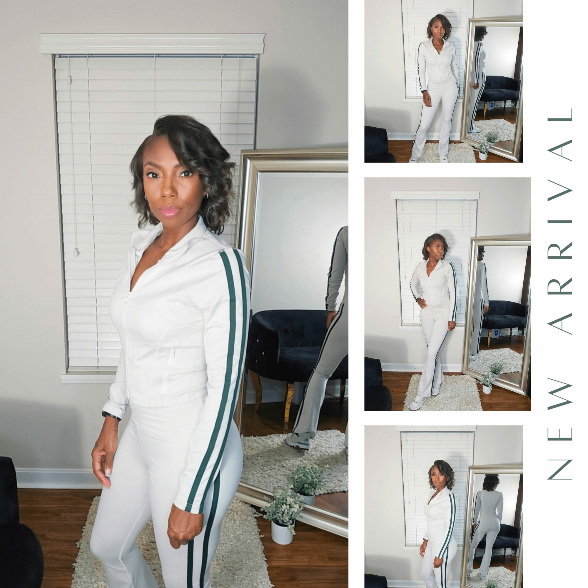 Woman in white tracksuit standing indoors with window blinds and mirror behind her.