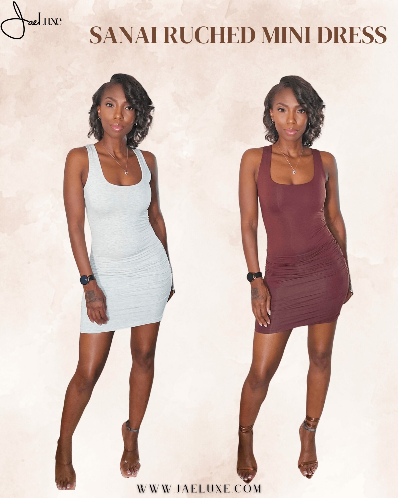 Two women wear mini dresses, one in white and the other in maroon, standing against a light background.