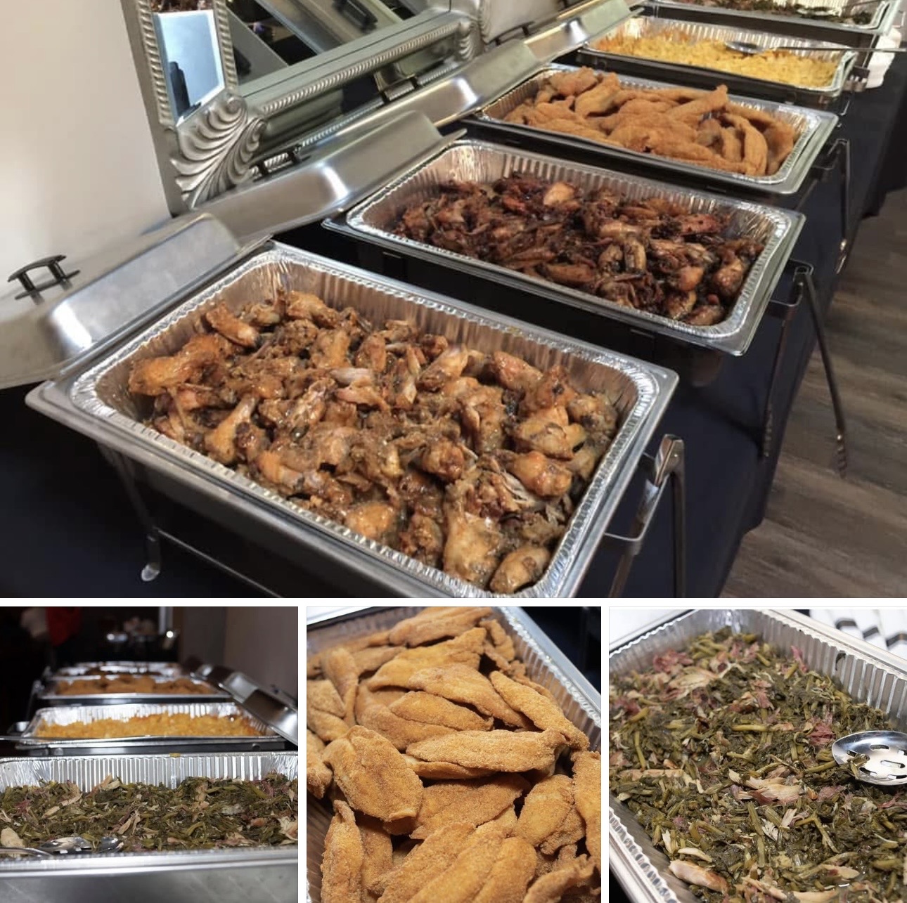 Buffet table with trays of fried chicken, ribs, fish fillets, and vegetables, with serving utensils and a mirror behind.