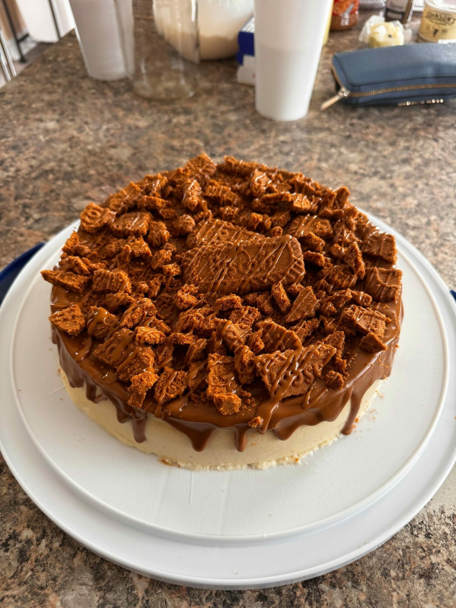 Cake topped with crushed cookies and caramel, on a white plate, on a kitchen countertop.