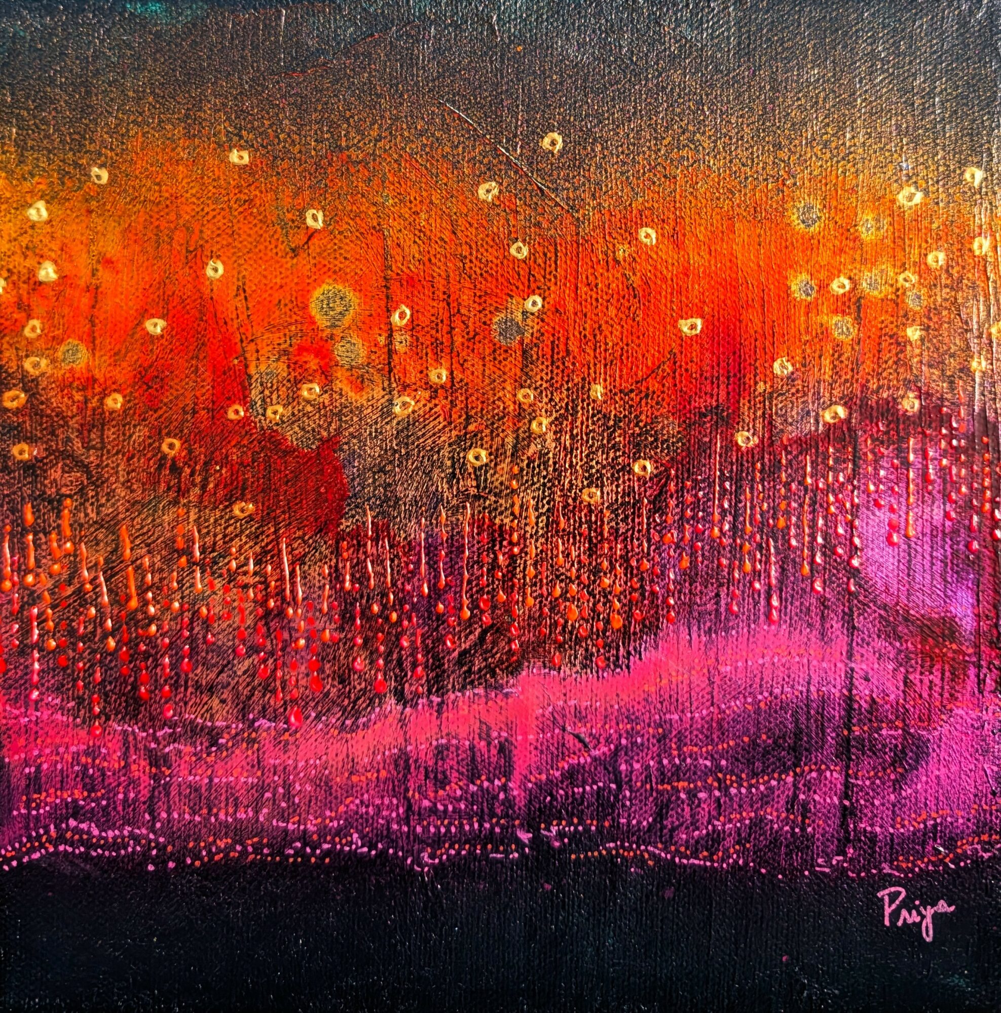 Abstract painting with orange, pink, and dark colors, featuring circular patterns and textured brushstrokes.