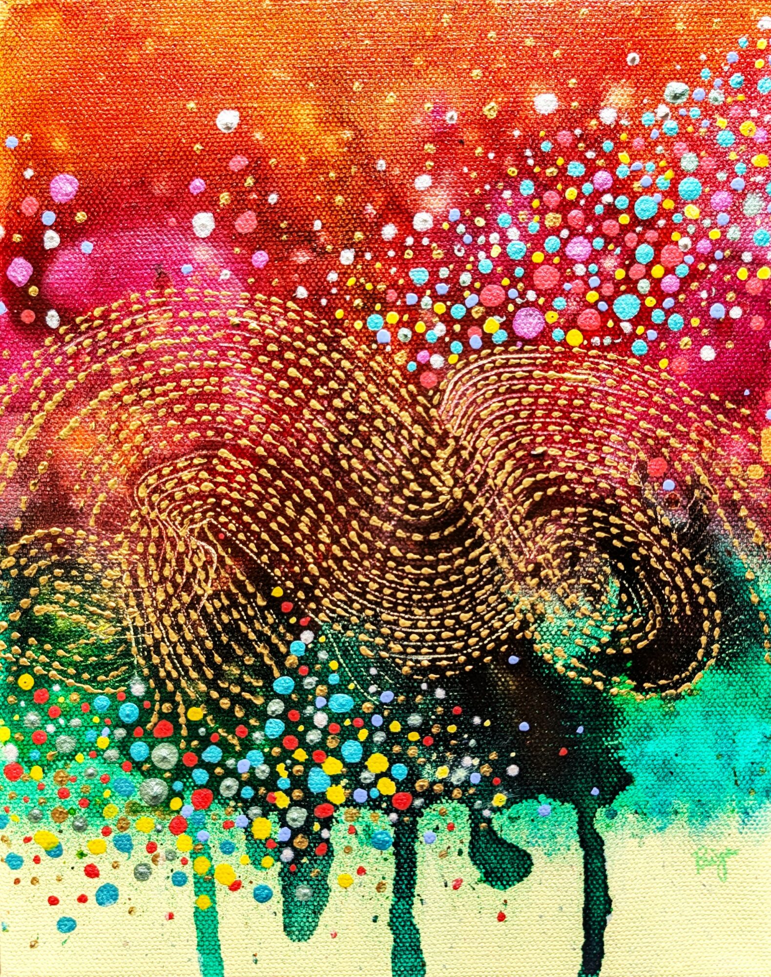 Abstract colorful artwork with swirling patterns and splashes of dots in pink, orange, yellow, green, and blue.