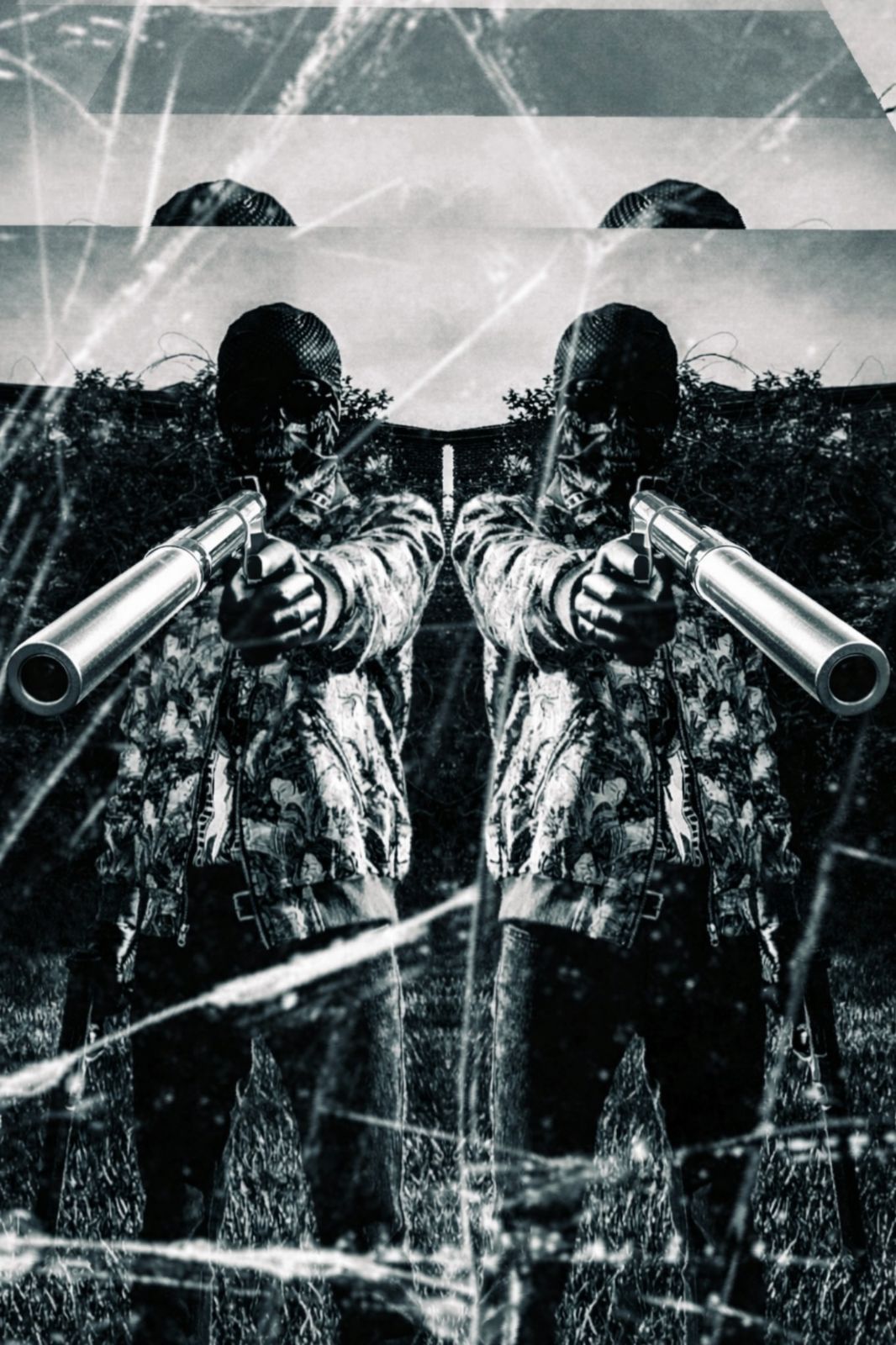 Two people holding guns, reflected in a cracked mirror, with a dark background and distorted reflections.
