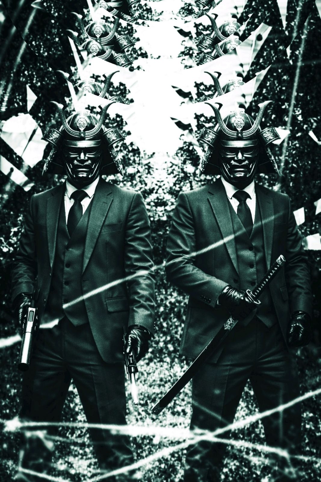 Two people in suits wearing elaborate masks with horns and antlers, standing outdoors among trees and foliage.