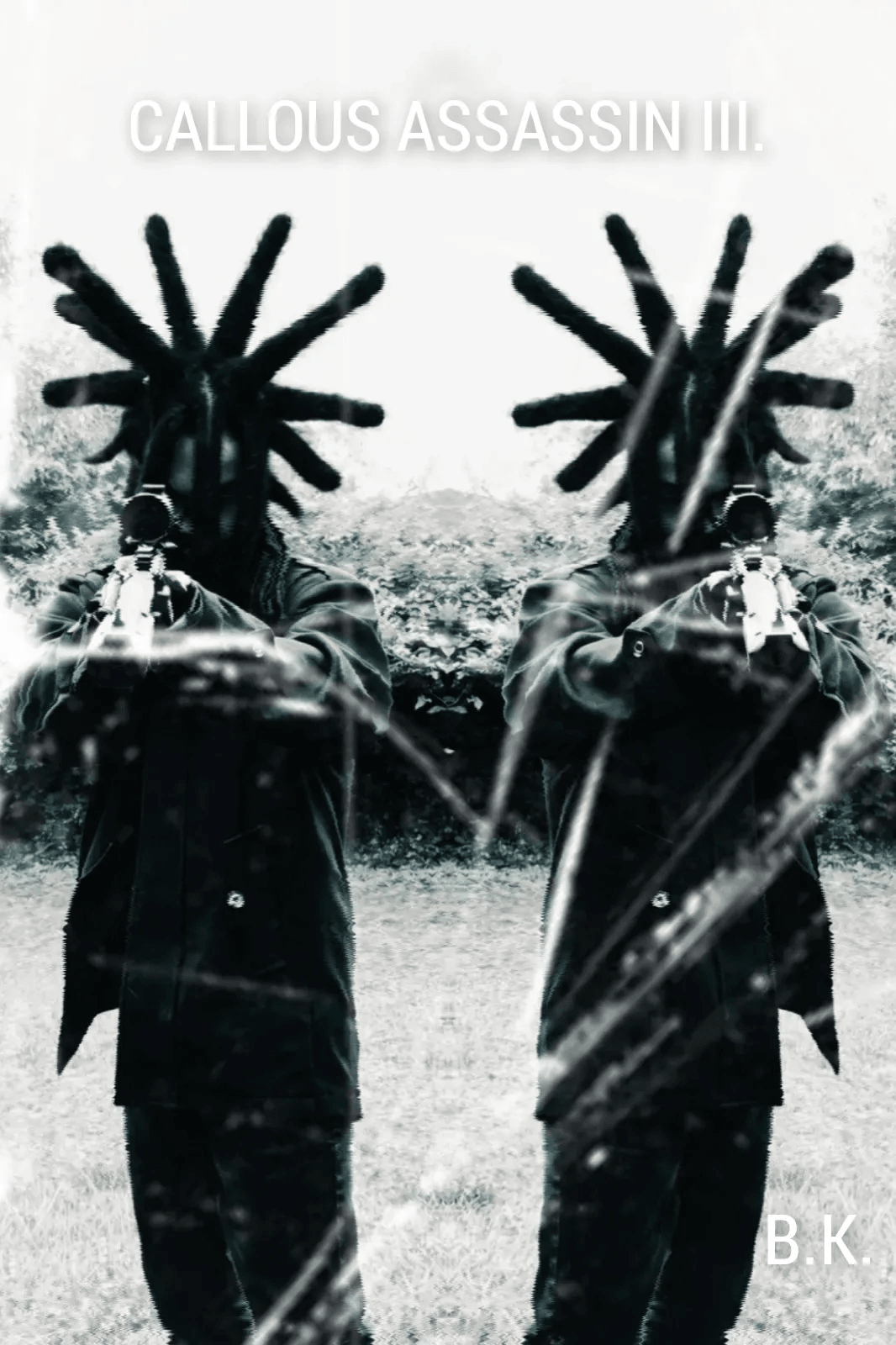 Two figures with large hand-like headpieces stand outdoors, with a cloudy sky and trees in the background.