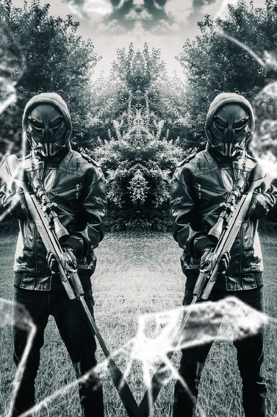 Two individuals in masks and dark clothing holding rifles outdoors with trees in the background.