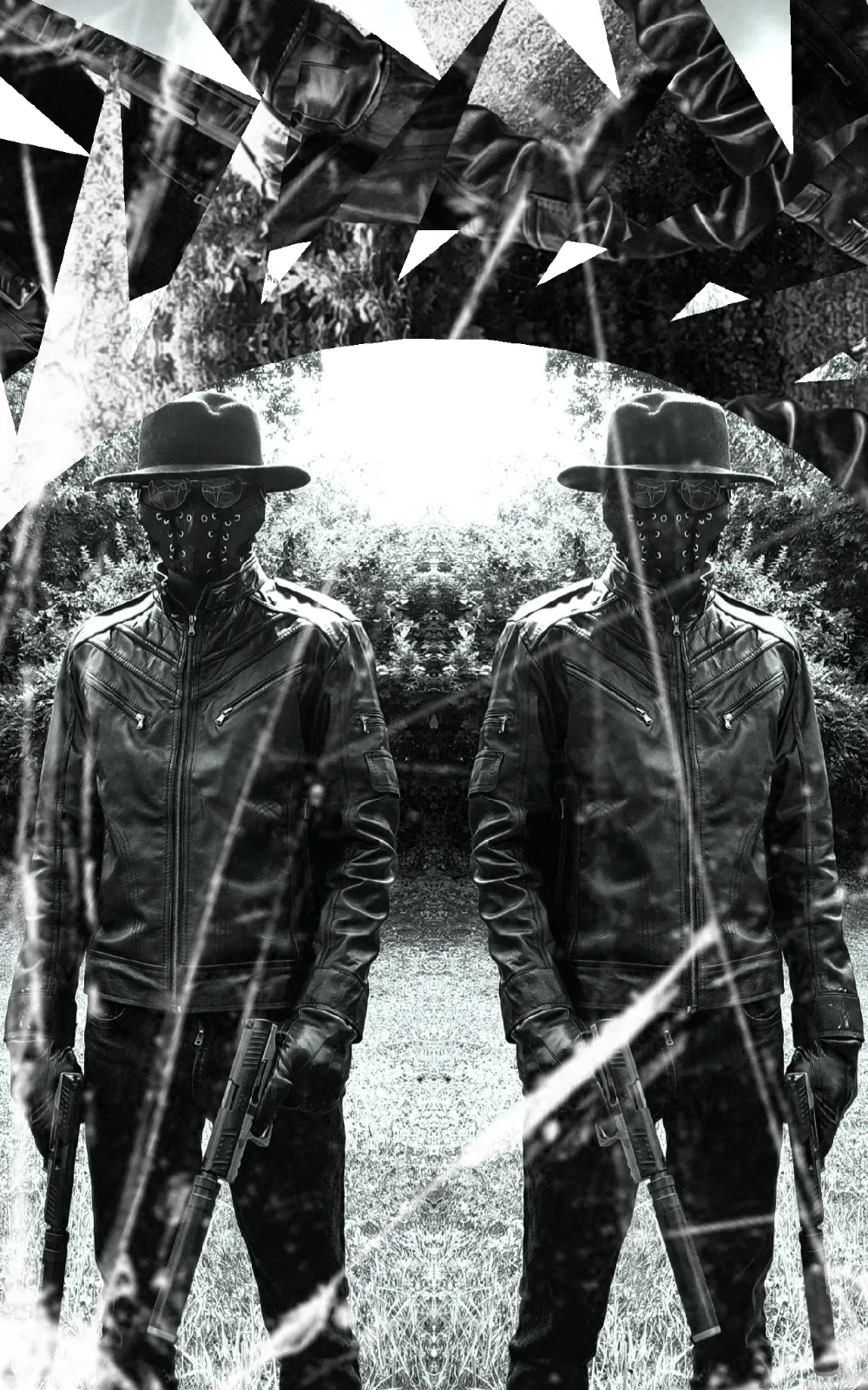 Two people wearing hats and jackets stand outdoors, reflected in a shattered mirror with jagged glass pieces above and around them.