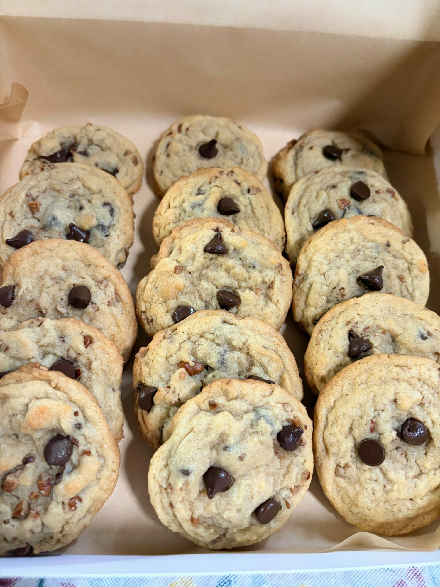 A box of chocolate chip cookies with visible chocolate chips, arranged in rows inside a cardboard container.