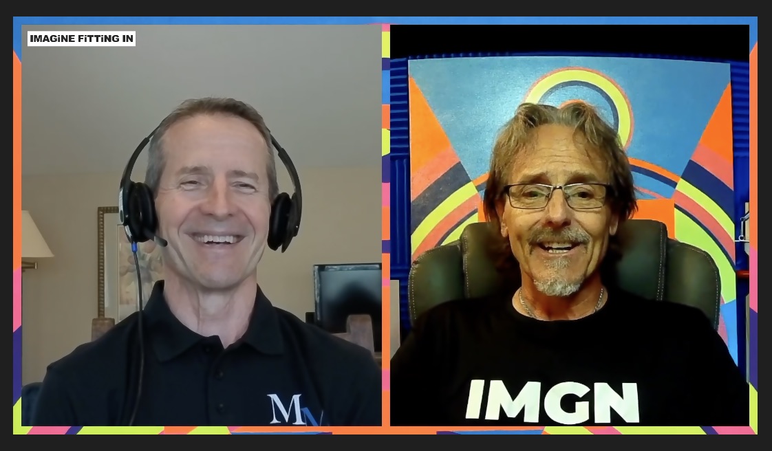 Two men smiling during a virtual meeting, one with headphones and the other with glasses, with colorful backgrounds.