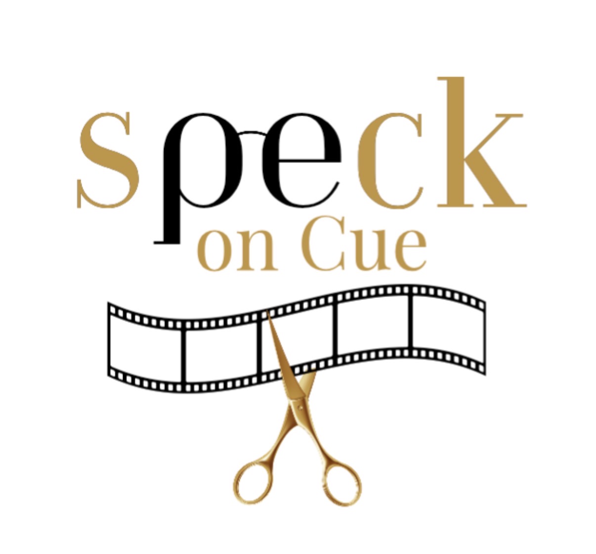 Logo with text 'speck on Cue', film strip, and scissors, in gold and black colors.