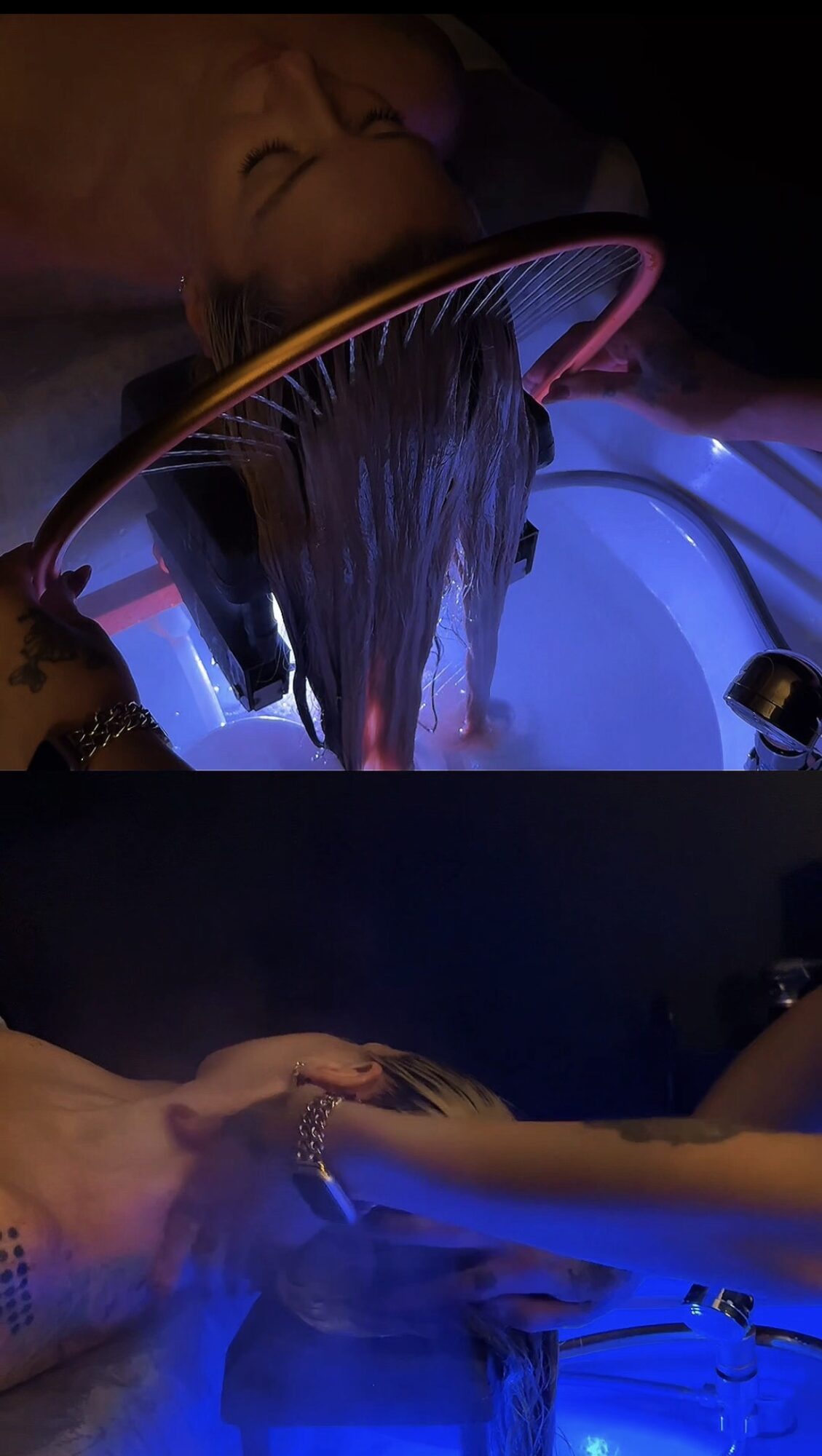 Person with head under a shower cap, water flowing into a basin, hands holding a person's arm, blue lighting.