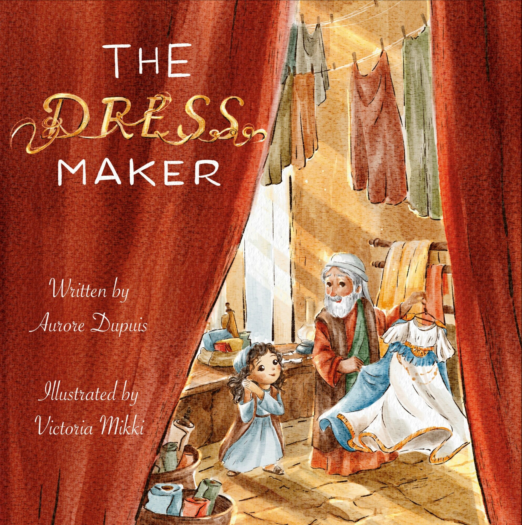 Children and an elderly woman in a room with laundry hanging, seen through red curtains, with text about a story.