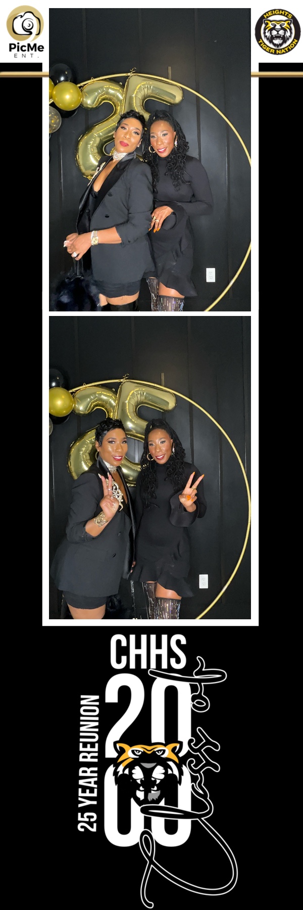 Two people posing at a celebration with balloons and a banner, one making a peace sign, both smiling.