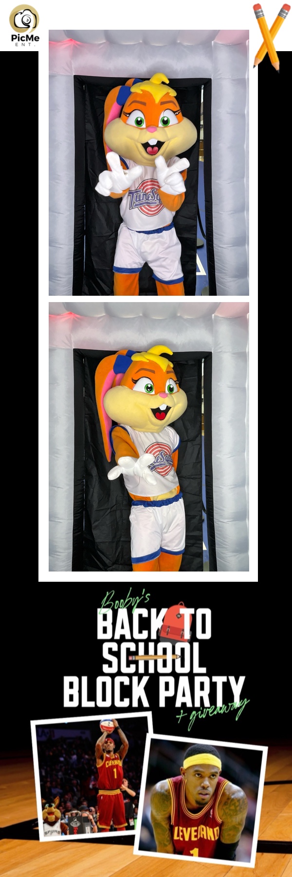 Two photos of a person in a lion mascot costume, one with arms crossed, the other with hands on hips, against a black curtain background.