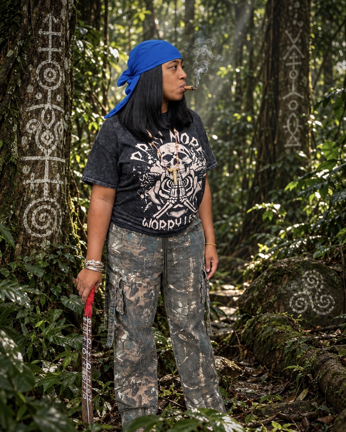 Woman with blue headscarf and black T-shirt standing in a forest with carved wooden posts.