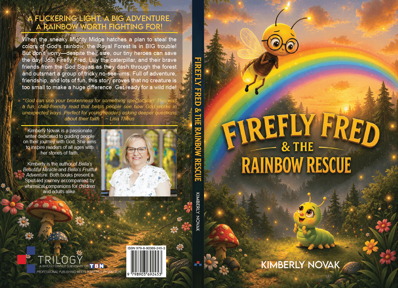Cover features a rainbow, a bee, and a frog in a forest with flowers, with the title 'Firefly Fred & the Rainbow Rescue'.