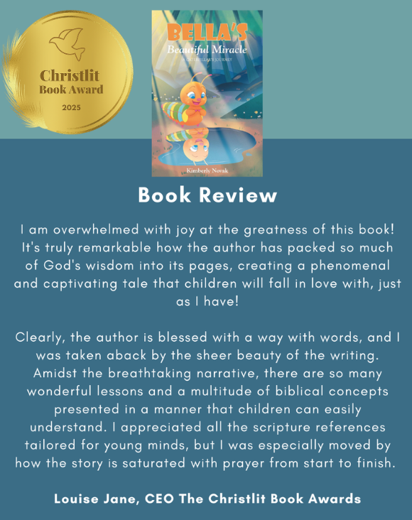 Book cover titled 'Bella's Beautiful Miracle' features a colorful illustration of a duckling on water, with a blue background. Gold award badge on left. Text describes a book review by Louise Jane, CEO of Christlist Book Awards.