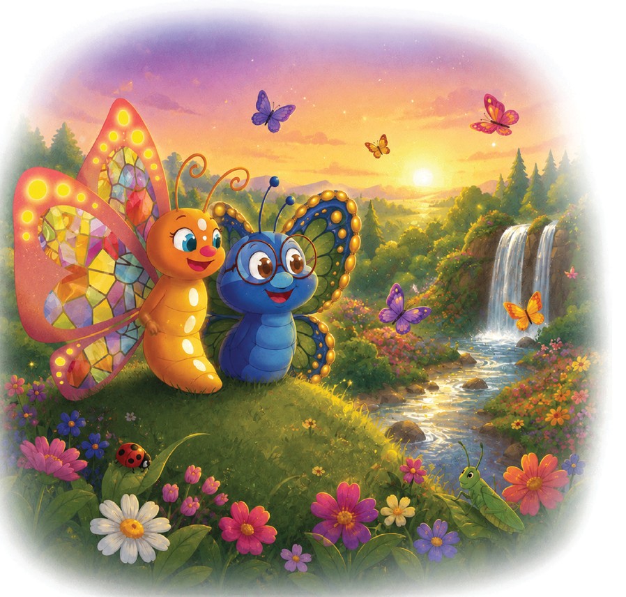 Two colorful butterfly characters with large eyes and smiling faces sit on a grassy hill surrounded by flowers, butterflies, and a waterfall at sunset.