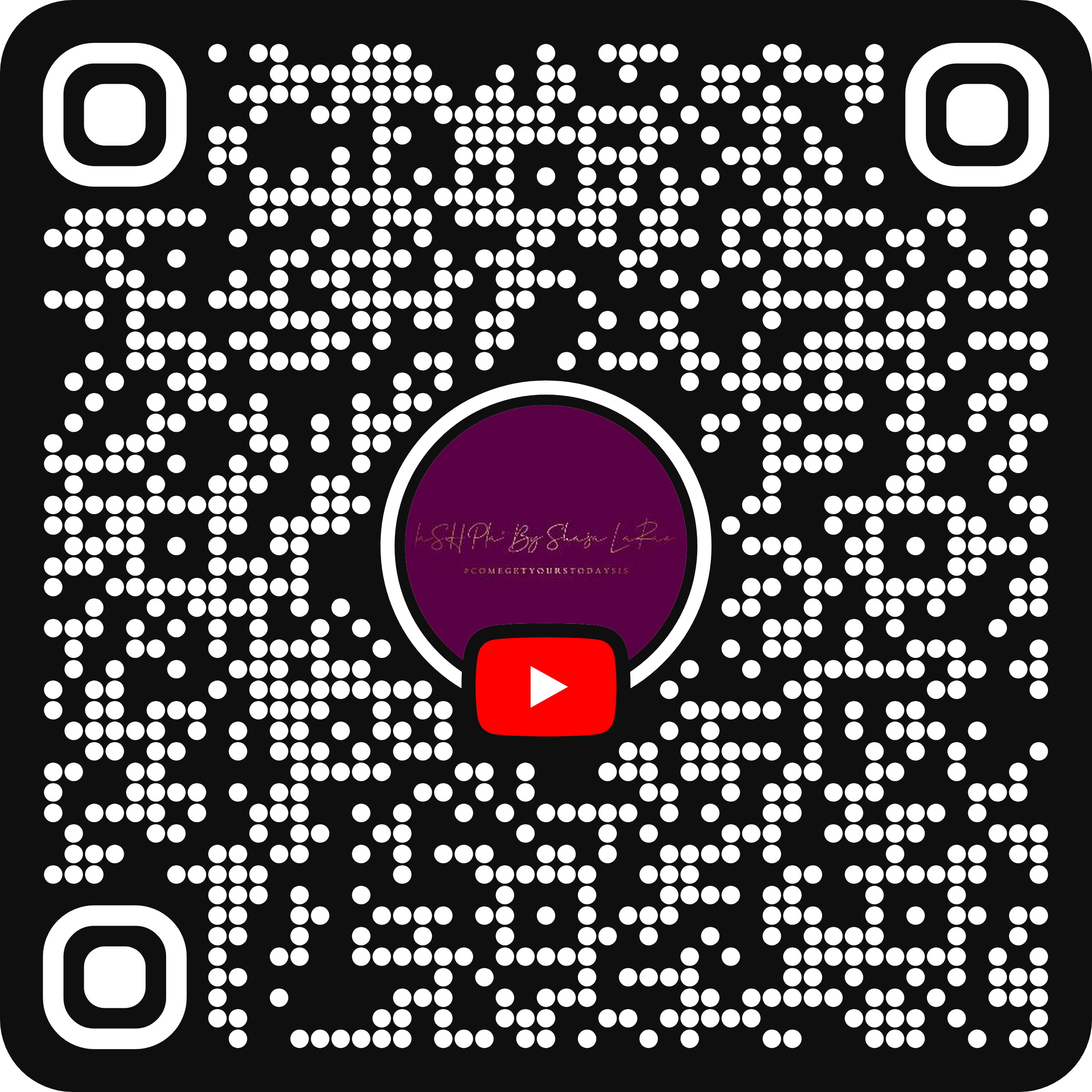 QR code with a YouTube logo in the center, surrounded by black and white patterns.