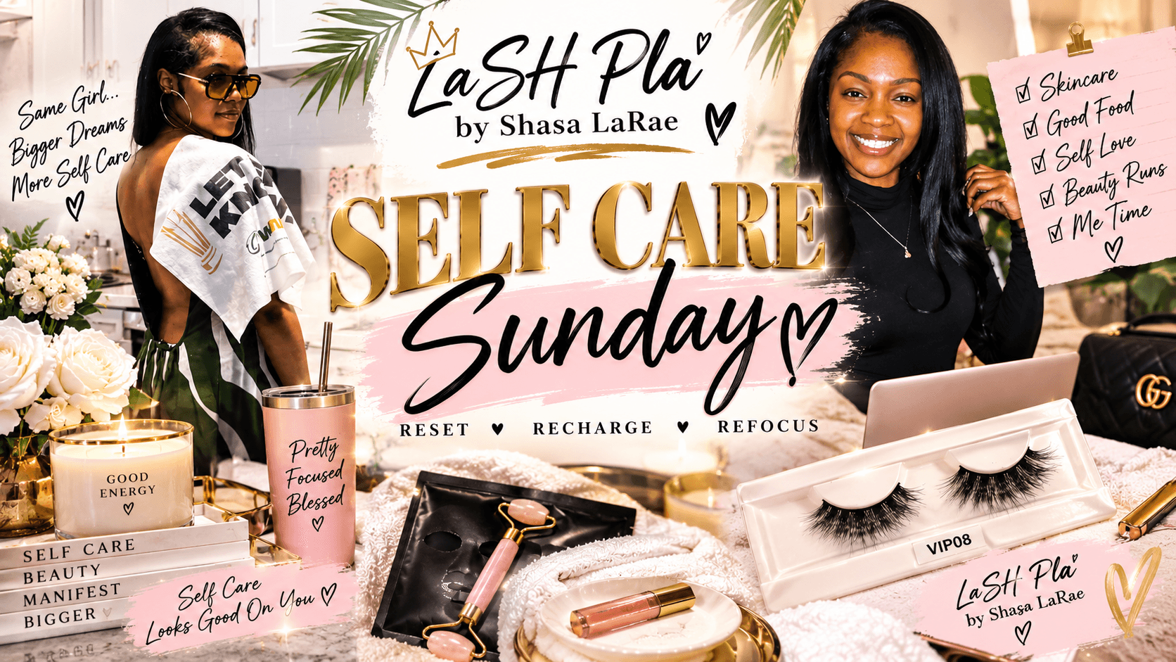 Two women at a self-care event with beauty products, signs, and a laptop, smiling and engaging with the camera.