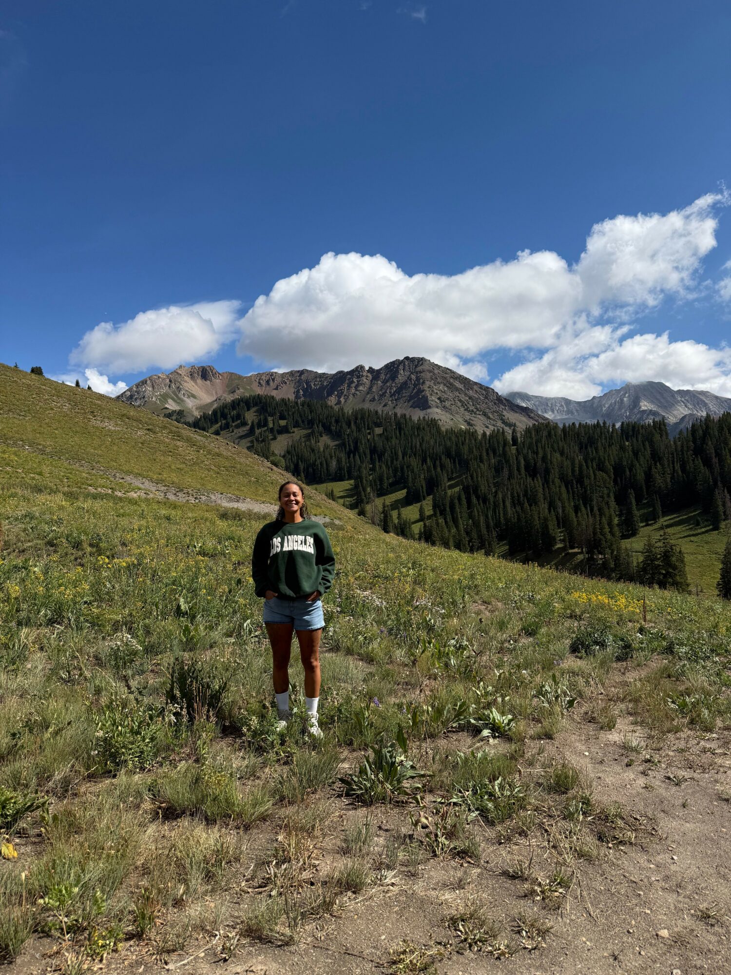 Person walking on a dirt path in a grassy field with mountains and blue sky in background.