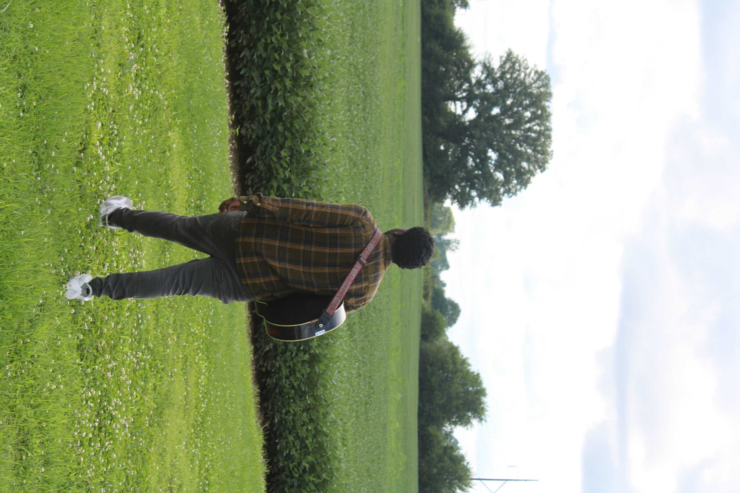 Person walking on grassy field with trees and cloudy sky in background.