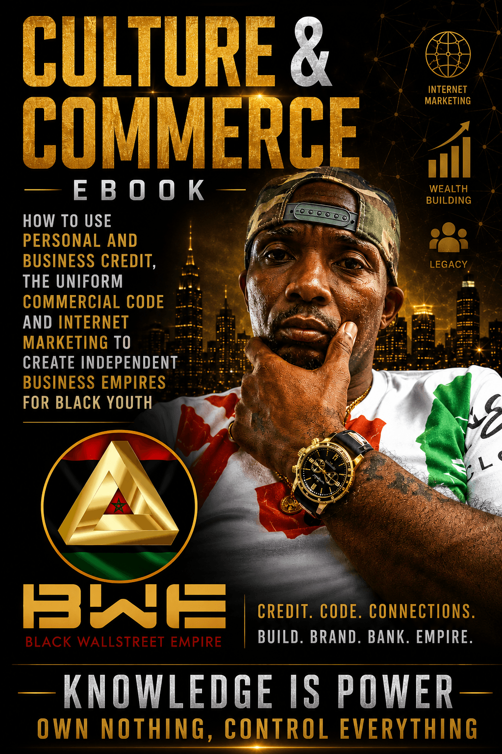 Cover of a book titled 'Culture & Commerce' featuring a man with a serious expression, wearing a cap and watch, with cityscape background.