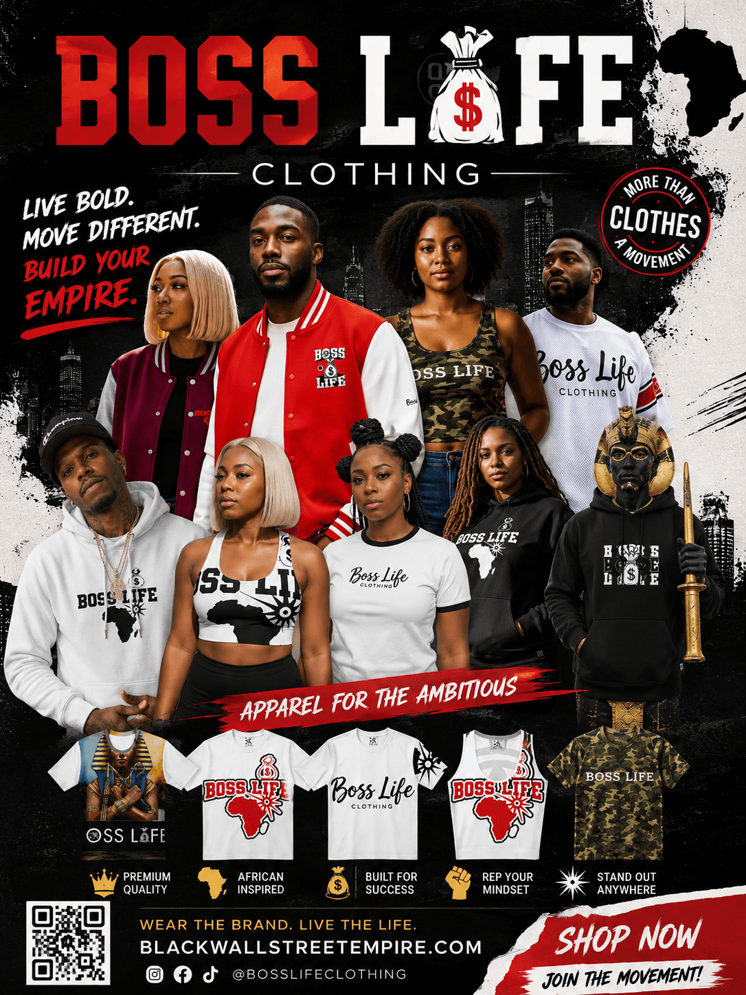 Group of diverse people wearing Boss Life clothing, standing outdoors with a black background and text promoting clothing brand.