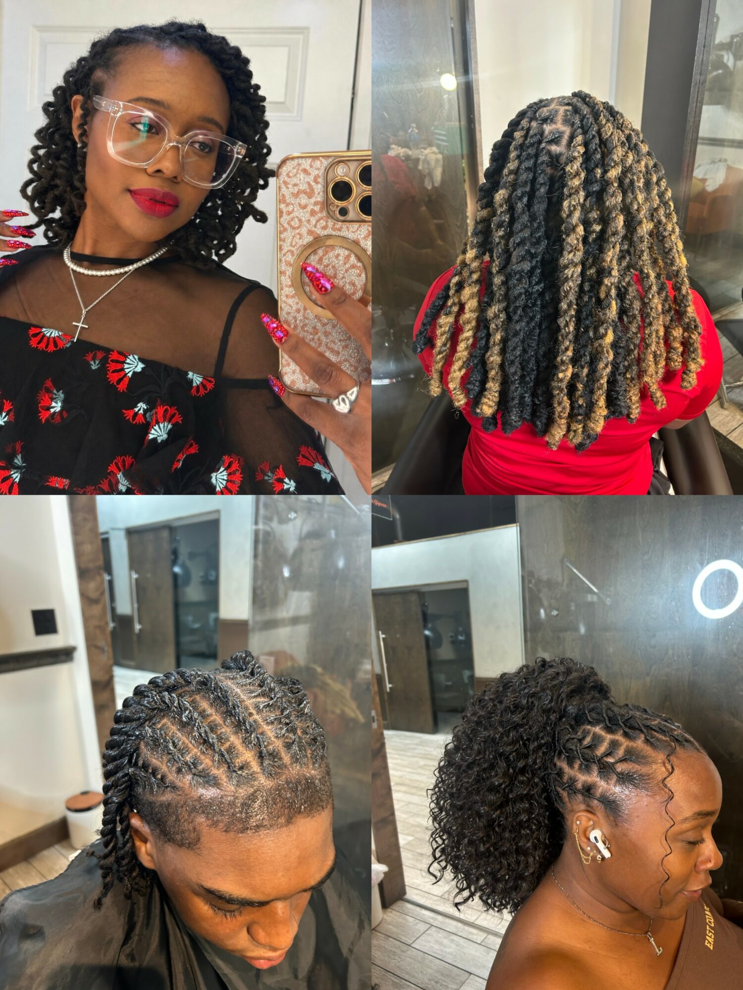 Four images of women with different hairstyles and outfits, including curly and braided hair, in indoor settings.