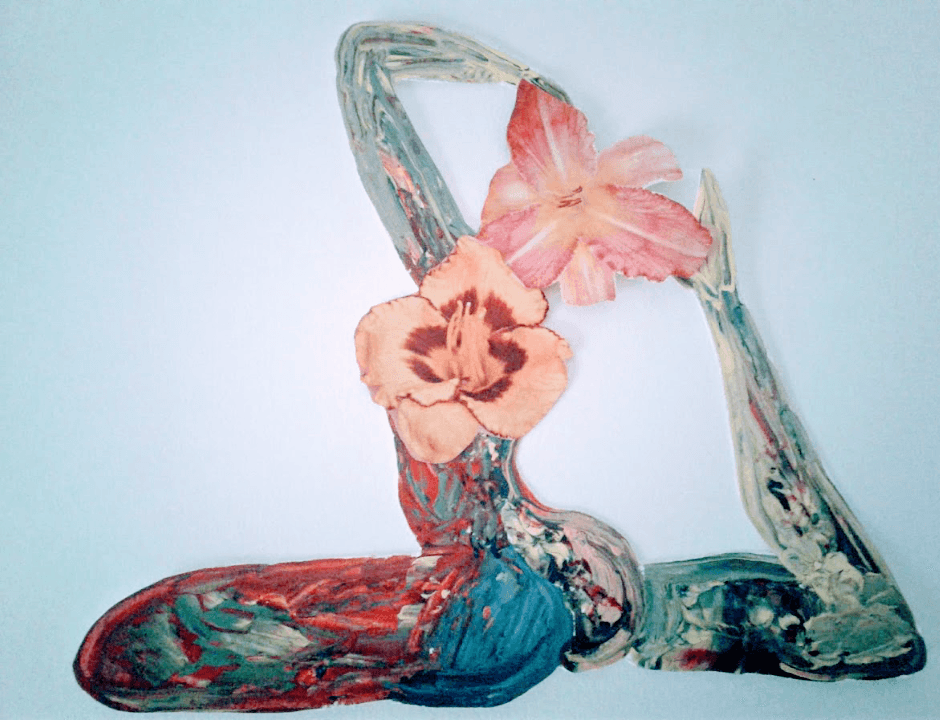 Abstract painting of a person with a large pink flower on their head, sitting with legs crossed, in shades of red, blue, and pink.