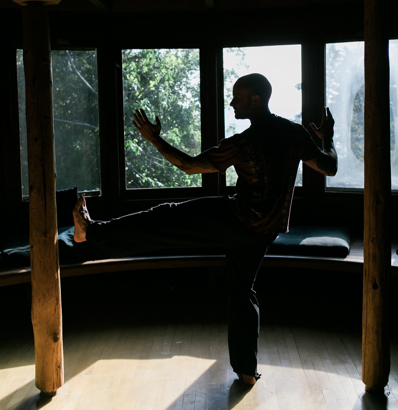 Silhouette of a person balancing on one leg with arms outstretched inside a room with large windows and trees outside.