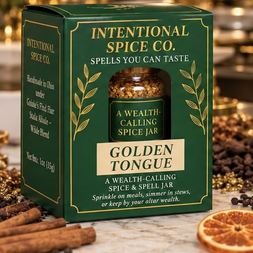 Green box of Intentional Spice Co. Golden Tongue spice jar with dried herbs, cinnamon sticks, and dried orange slices nearby.