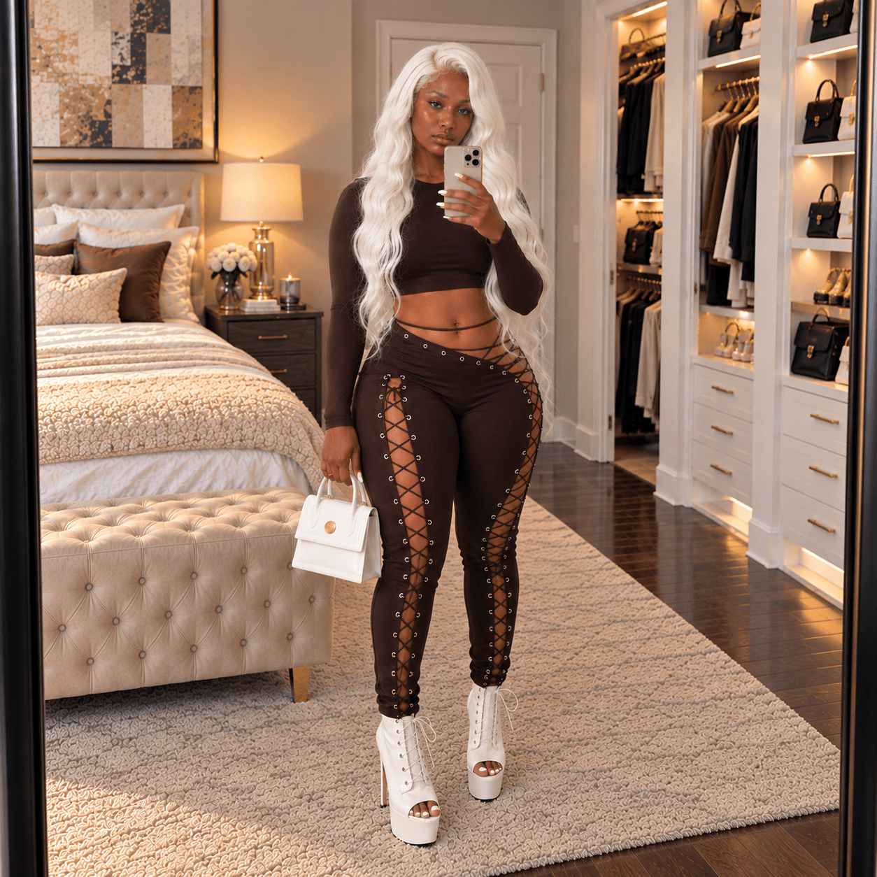 Woman with long white hair taking mirror selfie in bedroom, wearing black crop top, lace-up pants, and white high heels, holding a white handbag.