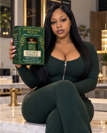 Woman with long black hair holding a green box labeled 'Golden Tongue' in a modern indoor setting.