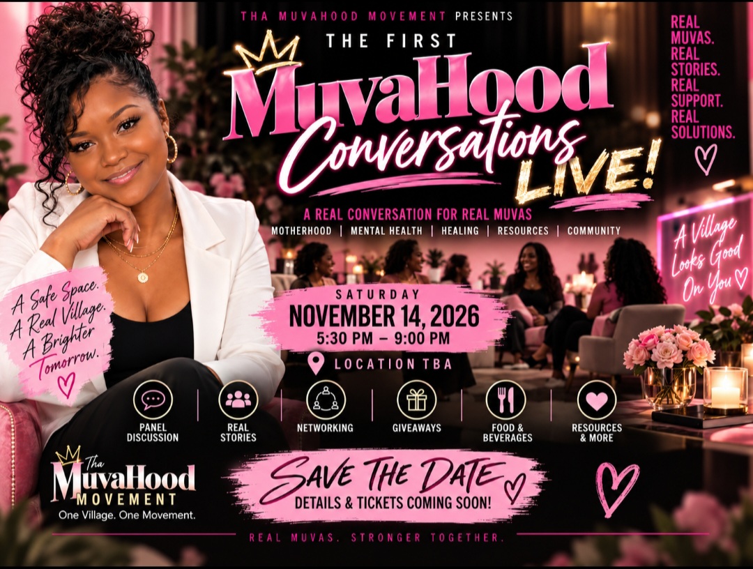 Event flyer for MuvaHood Conversations, featuring a smiling woman, event details, and pink-themed design, scheduled for November 14, 2026.