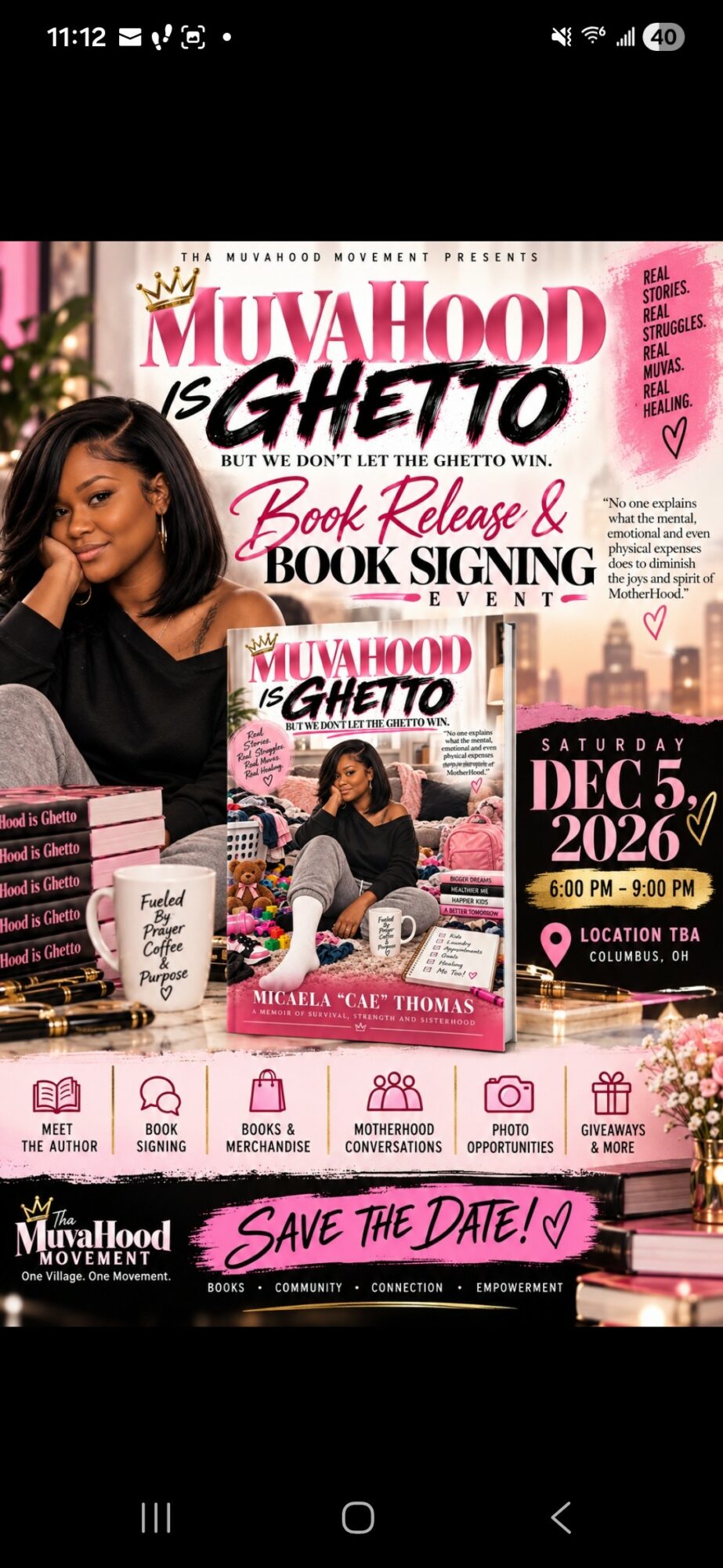 Event flyer featuring a woman, pink and black theme, promoting book signing and community gathering, December 2026, 4-8 PM.