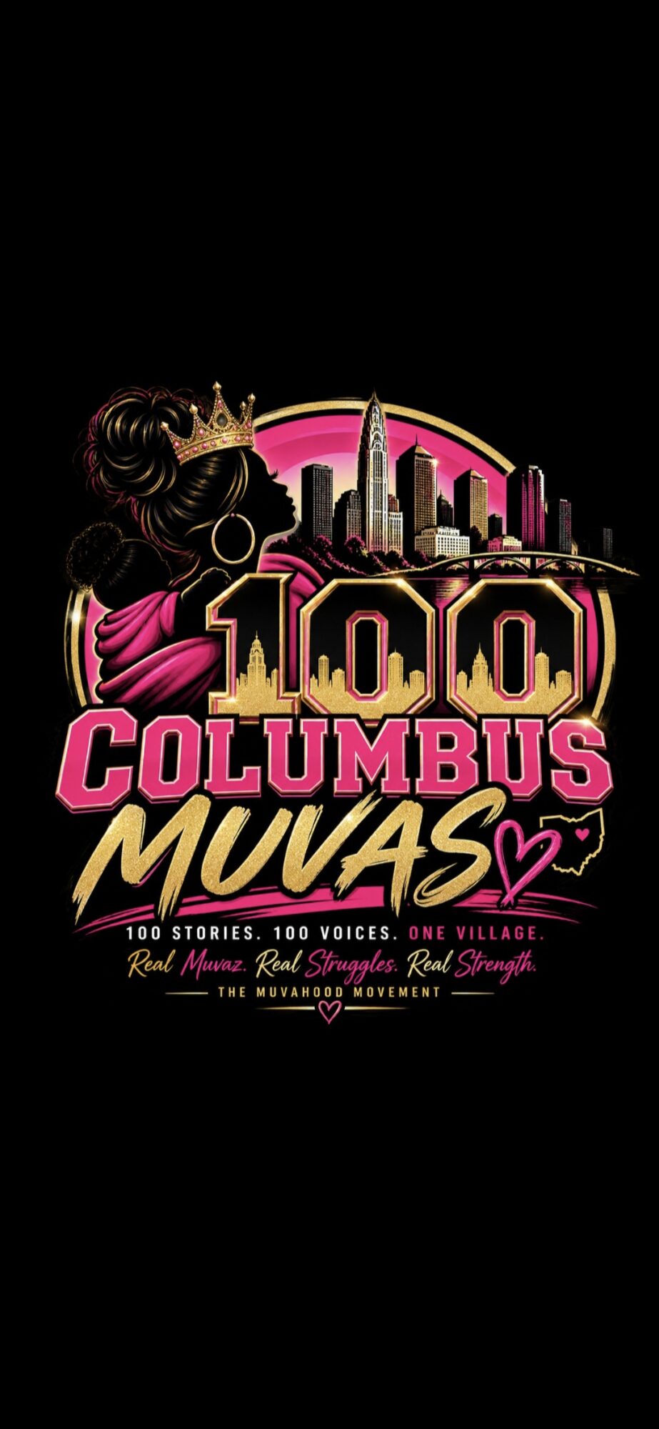 Celebration poster with a crown, city skyline, and text celebrating 100 Columbus Mugas, with pink and gold colors.