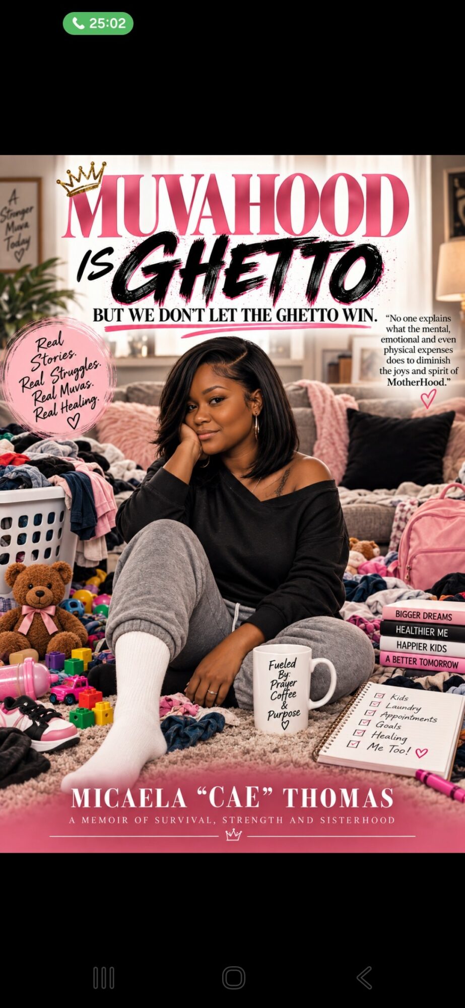 Woman sitting on bed surrounded by clothes and toys, with pink and black decor in the background.