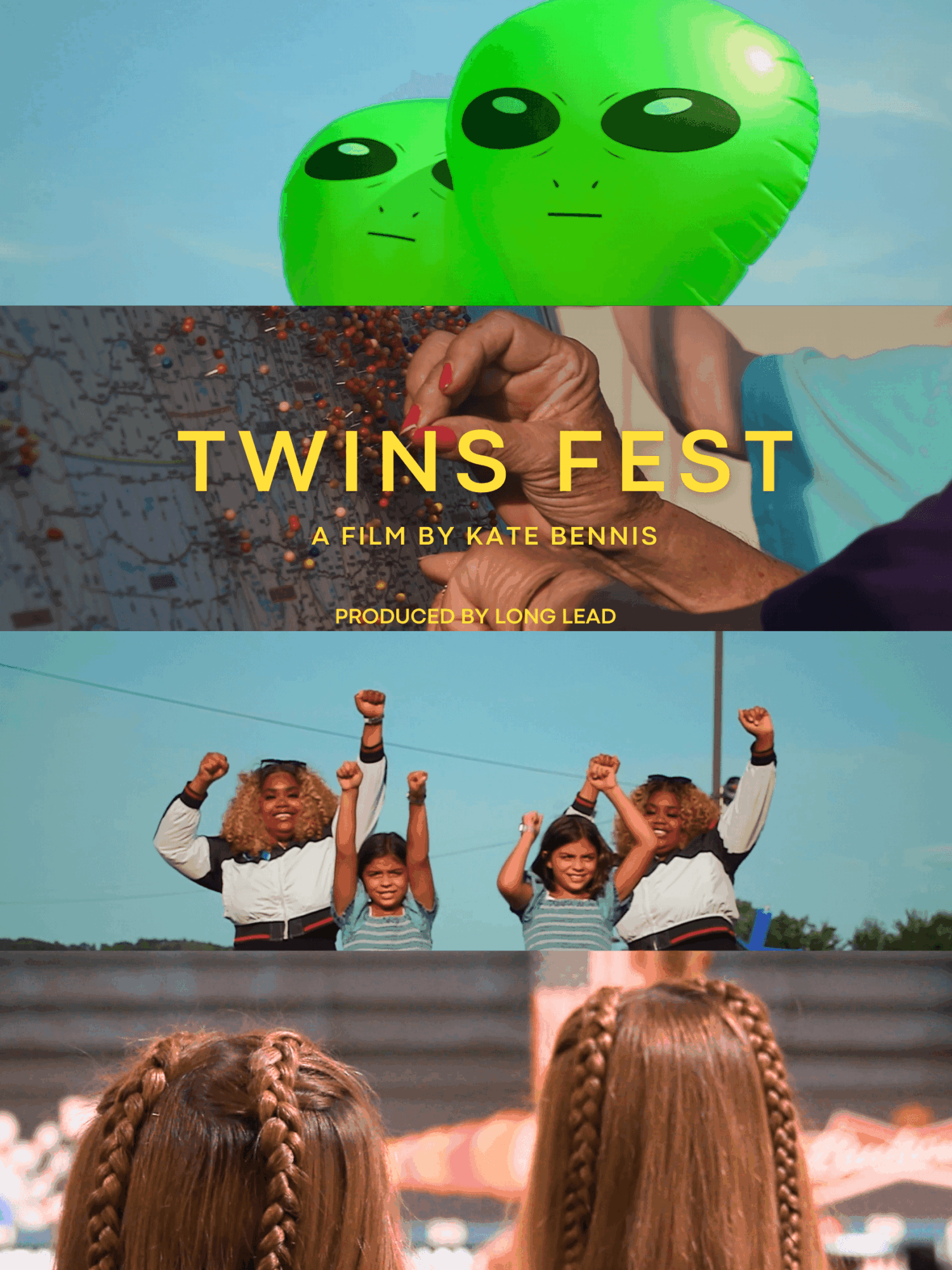 Two green alien balloons float in the sky, with children raising their fists in celebration at a festival.