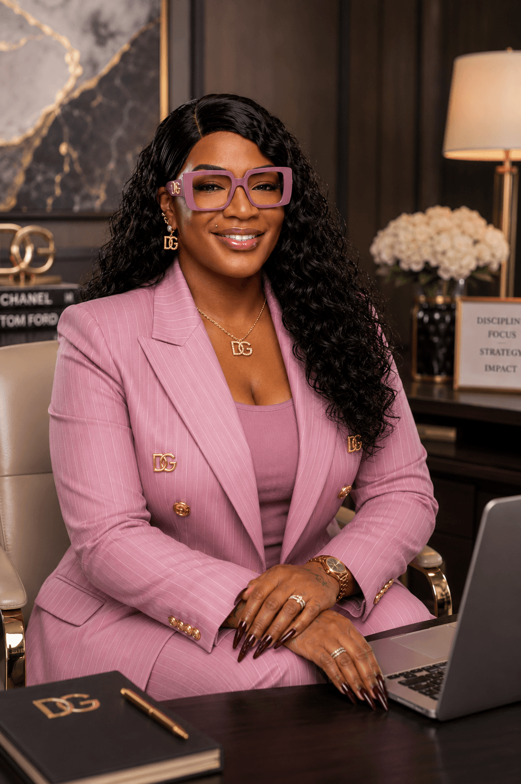 Woman in pink blazer and glasses smiling at desk with laptop, in an office with artwork and flowers.