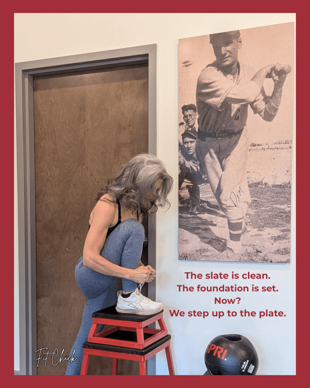 Woman with gray hair standing on a red stool, looking at a large black-and-white baseball player photo on the wall, with a quote about baseball. Alt text word count: 37, confidence: 0.9