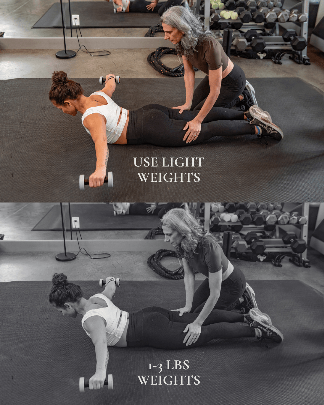 Person lying on the floor with a trainer assisting, demonstrating a weight exercise, with weights and gym equipment in background.