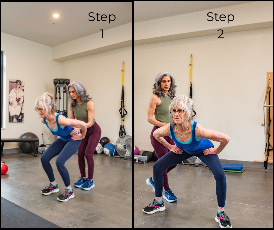 Two women perform squats with a trainer in a gym, demonstrating step 1 and step 2 exercises, with fitness equipment in background.