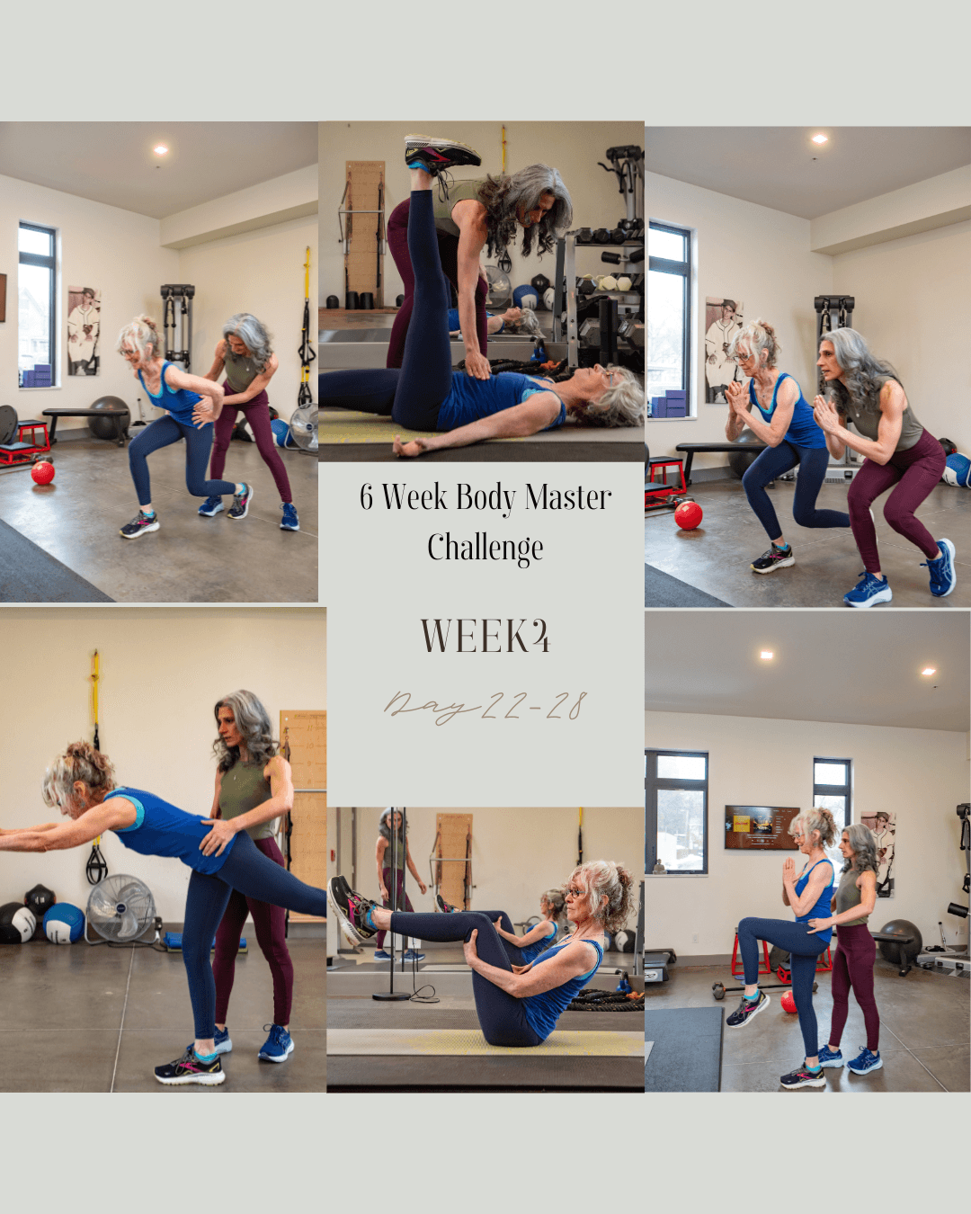 Group of women exercising in a gym, performing various fitness moves, with a central text overlay about a 6-week body challenge, dated April 26, 2023.