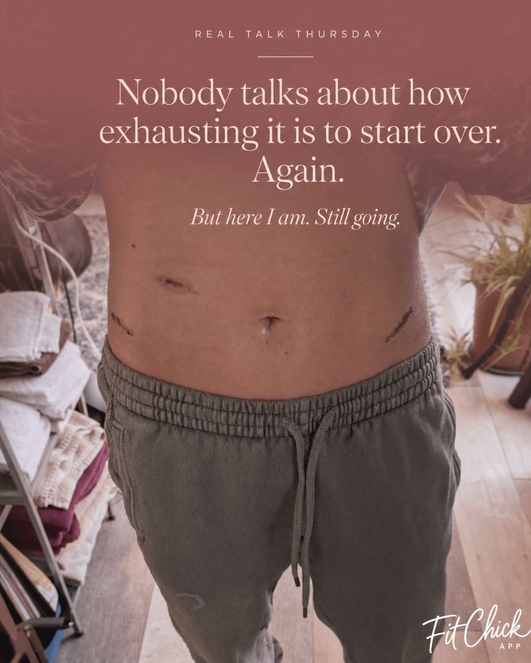 Close-up of a person's midsection wearing gray sweatpants, with overlaid text about starting over and perseverance.