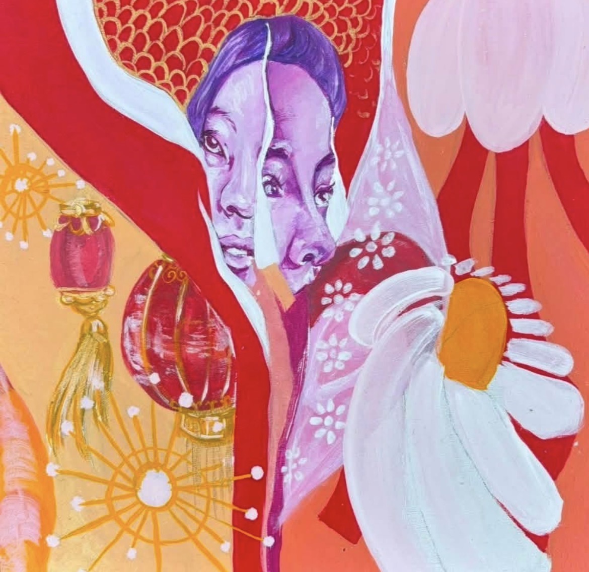Abstract artwork with two purple faces, flowers, and vibrant colors, including red, pink, and orange.