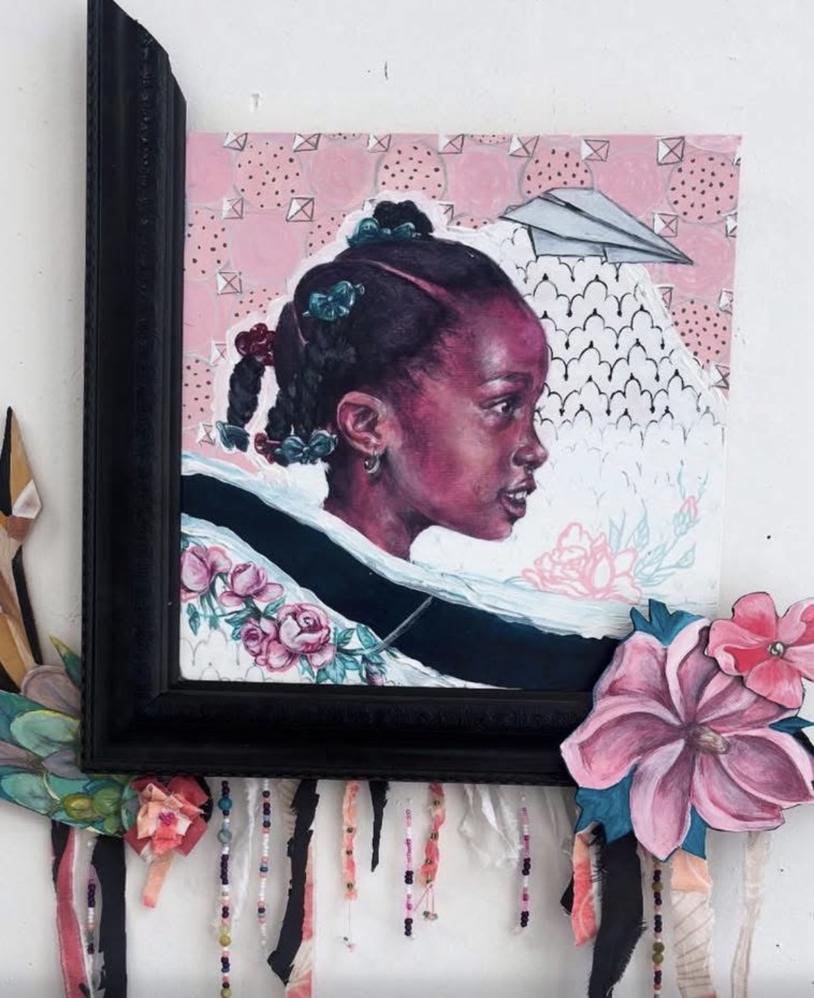 Painting of a young girl with braided hair, pink background, and flowers in the foreground.