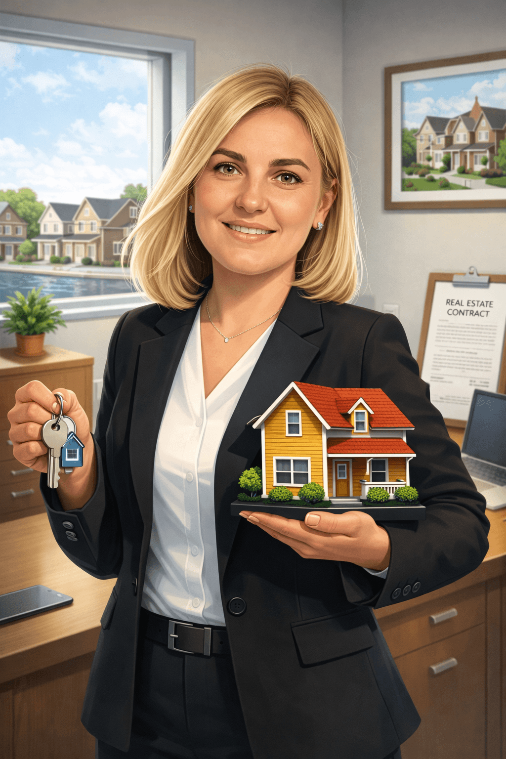 Woman in office holding a model house and keys, with real estate documents and window view of houses behind her.