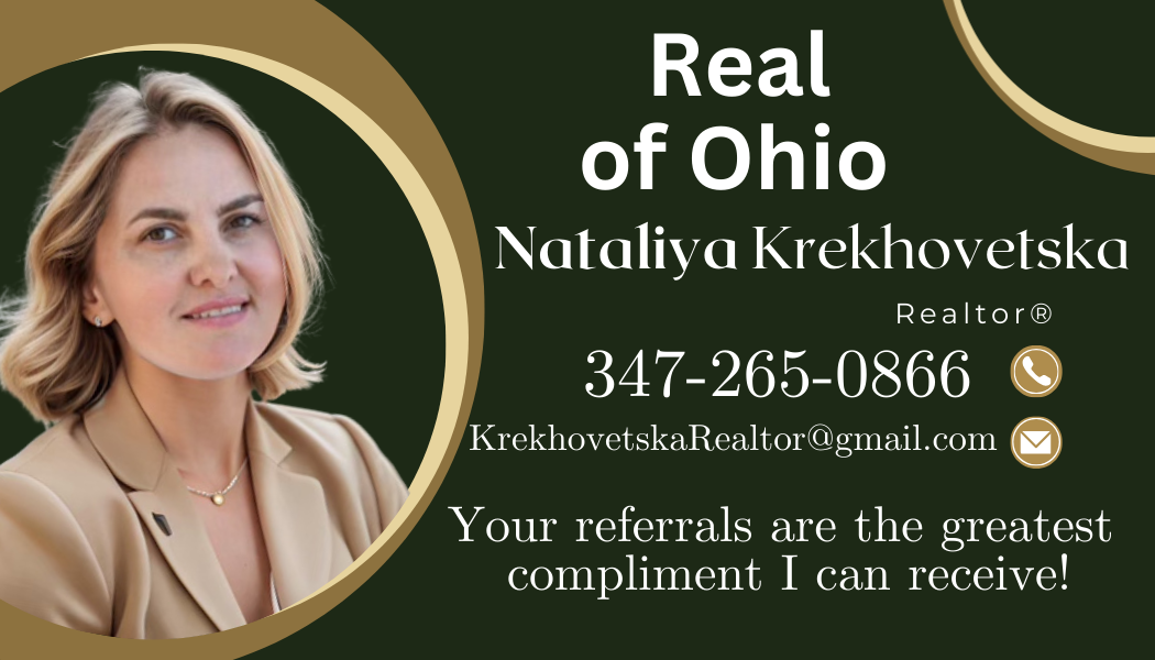 Business card for Natalya Krekhovetska, Realtor, with her photo, contact info, and a message about referrals.