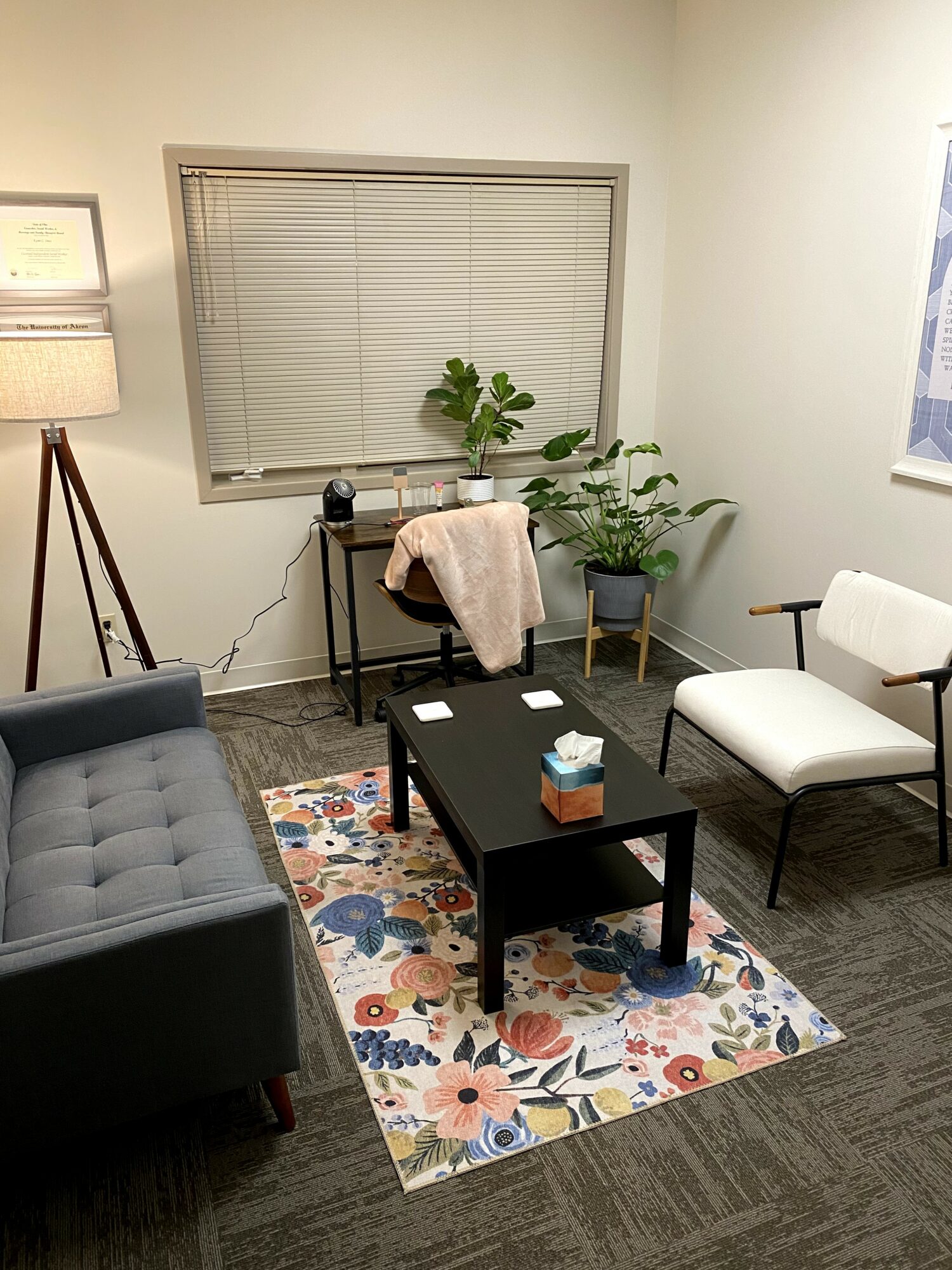 Office waiting area with a gray sofa, white chair, black coffee table, plants, and a window with blinds.